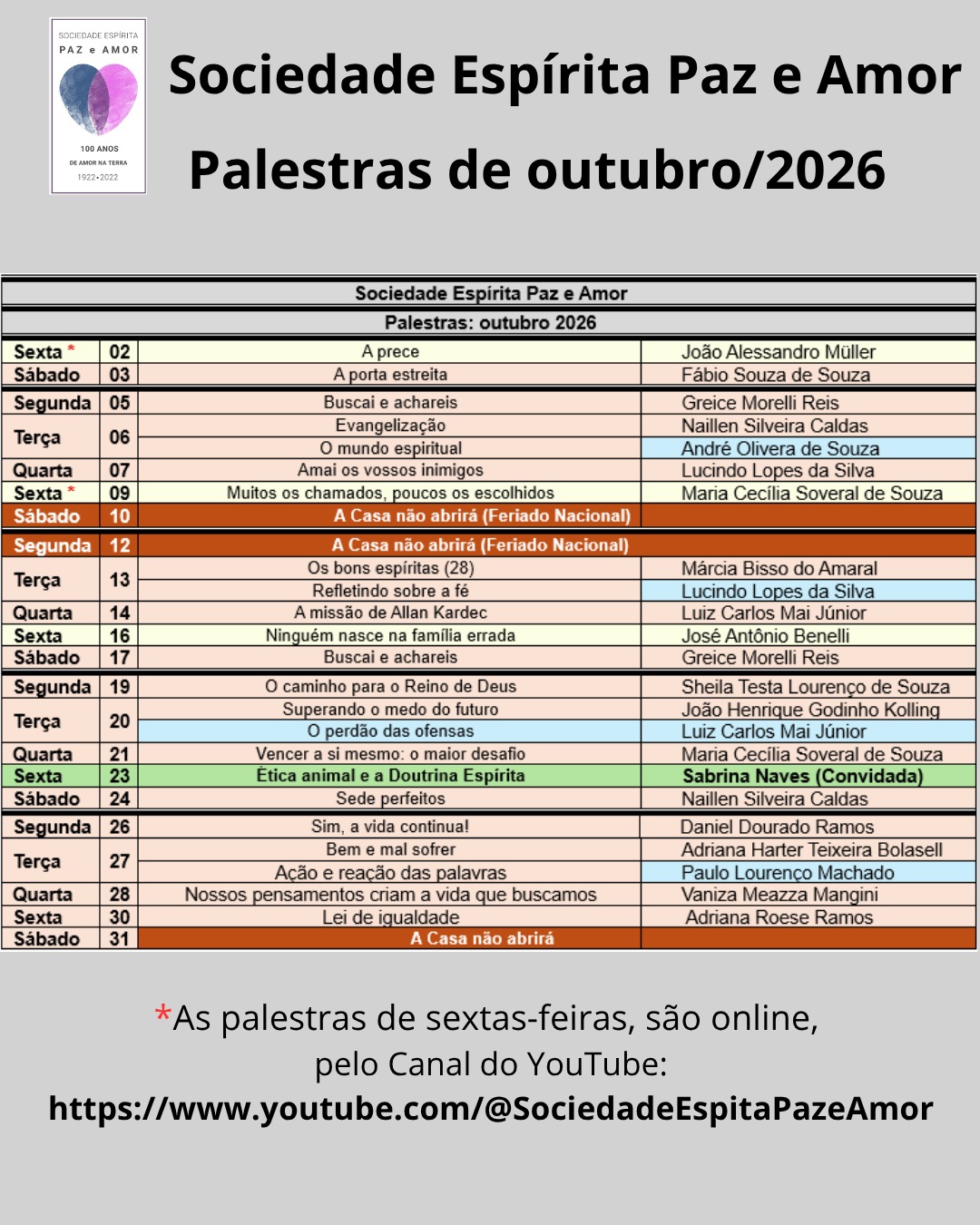Palestras de OUTUBRO 2023